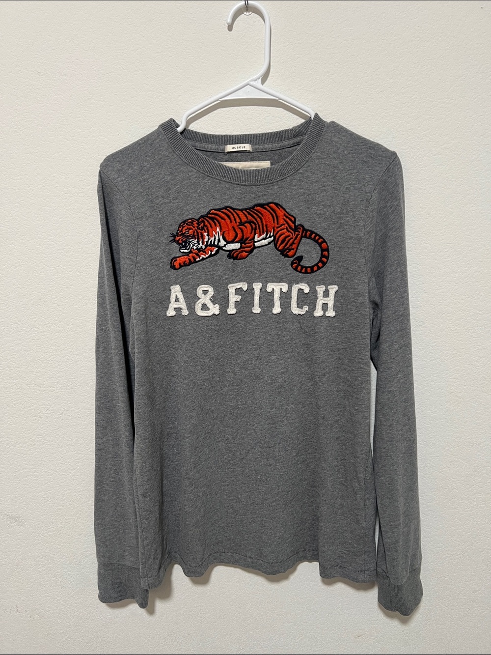 Abercrombie & Fitch Gray Tiger embroidered Logo Long-Sleeve Tee Vtg Y2K Sz M